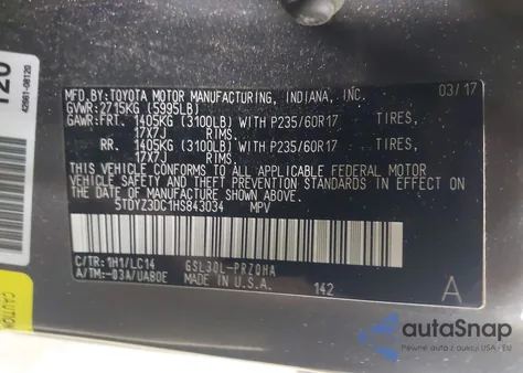 2017 Toyota Sienna Xle 8 Passenger z USA, uszkodzony, nr VIN 5TDYZ3DC1HS843034